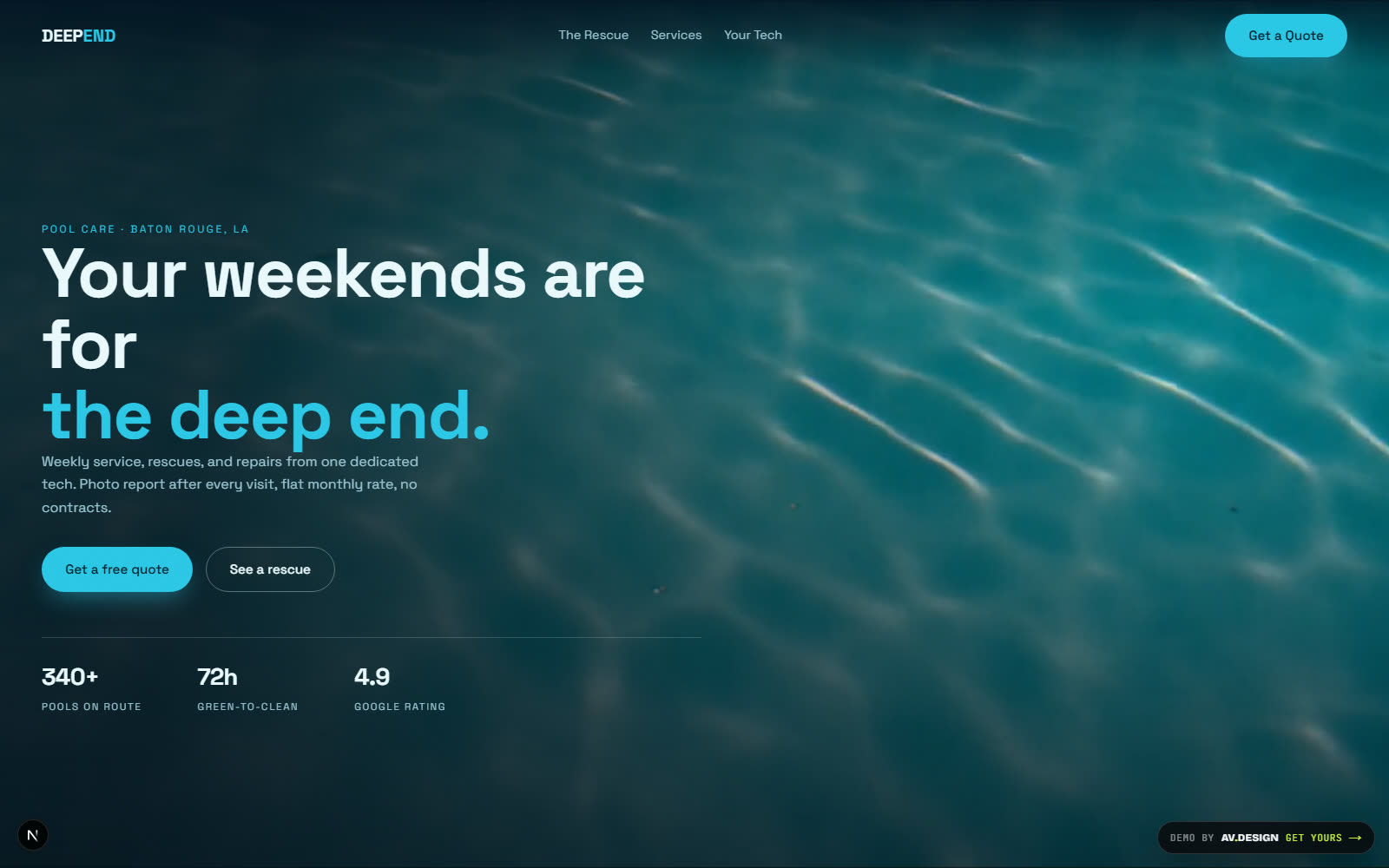 Deep End Pool Co. demo homepage with live 3D water